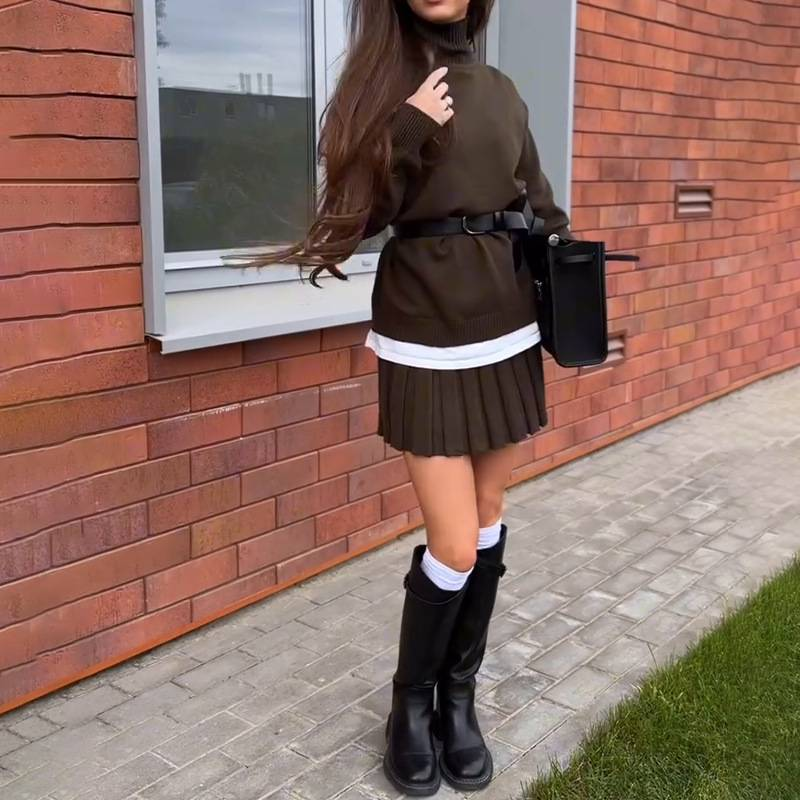 Damenbekleidung mit hohem Kragen, gestrickt, temperamentvoll, Herbst, hochgeschlossenes Strickoberteil und sexy Faltenrock-Set – stilvolles und bequemes Outfit (Braun, XS-XXXL)_voghion.com