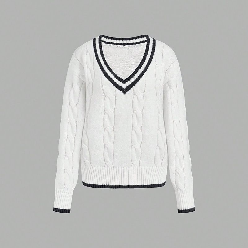 Maglione lavorato a maglia con scollo a V in stile preppy - Classico pullover con punto a trecce per donna Maglione con scollo a V in stile college Abbigliamento da donna Maglioni lavorati a maglia Top_voghion.com