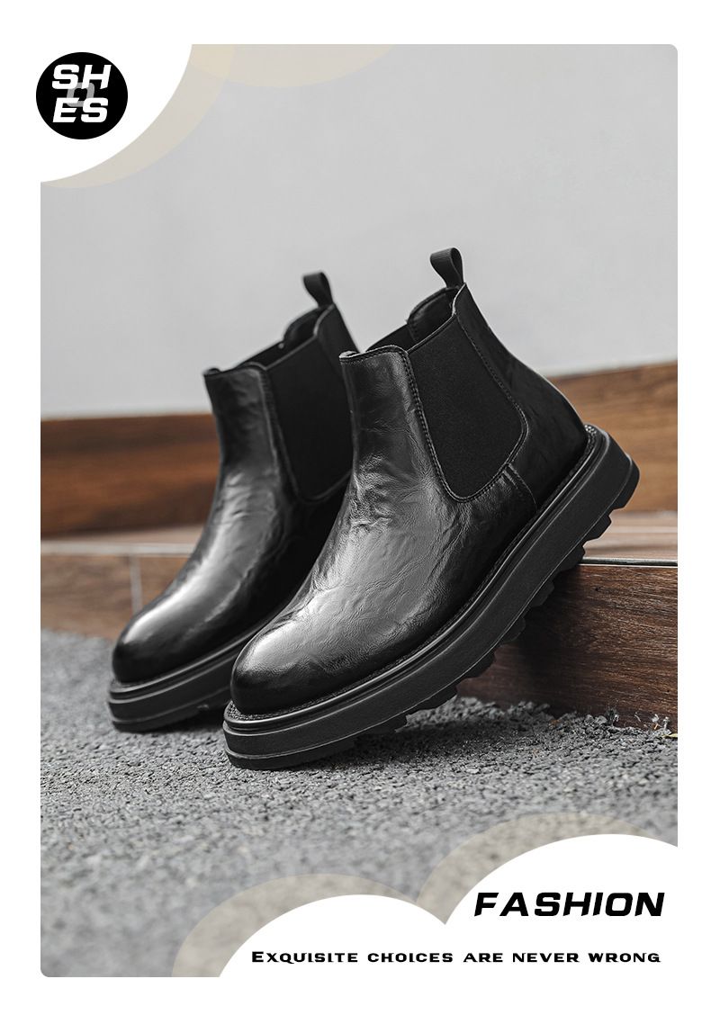 Chelsea Boots Herren Plissee-Design Mid-Top Lederschuhe Retro Low-Top Martin Boots Tide_voghion.com