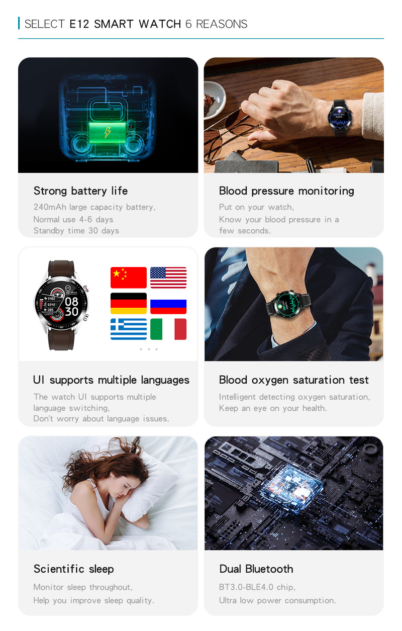 E12 smartwatch oproep ACC luidspreker hartslag bloeddruk bloed zuurstof dual Bluetooth afspelen muziek_voghion.com
