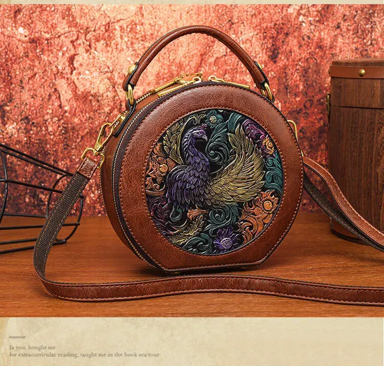 Borsa a tracolla monospalla cilindrica intagliata a mano con texture, semplice da usare per spostamenti quotidiani, grande capacità, in stile etnico, per donna_voghion.com