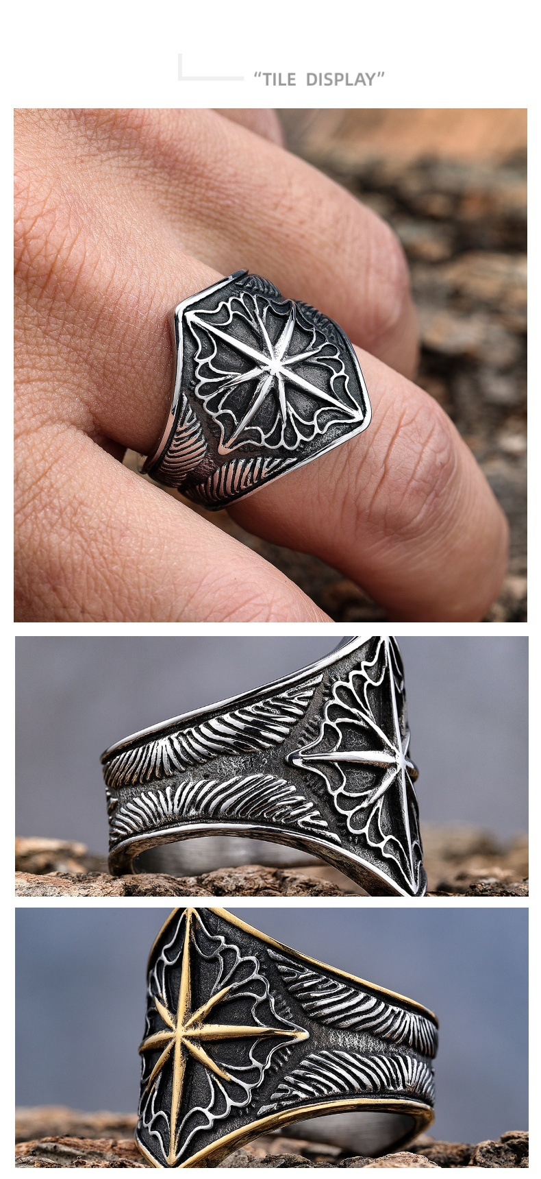 Anello in acciaio al titanio antiruggine a forma di nodo a forma di stella a otto punte vichingo nordico, gioielli alla moda_voghion.com