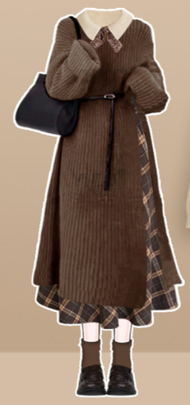 Modisches Winter-Outfit-Set für Damen – Strickpullover, Figurformendes Kleid und karierter Rock (3-teiliges Set)_voghion.com