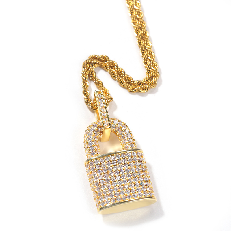 Collana con ciondolo a forma di lucchetto in zircone hip hop, design geometrico, catena a strati in zirconi cubici, pezzo importante per abbigliamento casual._voghion.com
