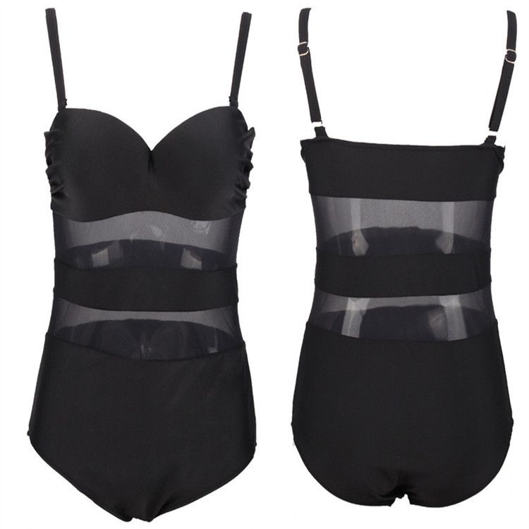 Traje de baño de una pieza de talla grande para mujer: bikini de malla sin espalda con soporte de acero, talla grande, diseño de color liso._voghion.com