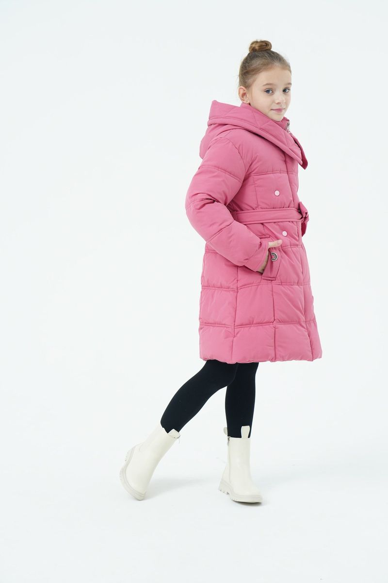 Mother & Kids Langer Puffermantel für Mädchen mit Gürtel und Kapuze – Warme Winterjacke mit Fleecefutter für Kinder (120–150 cm) – Lila/Wassermelonenrot/Schwarz_voghion.com