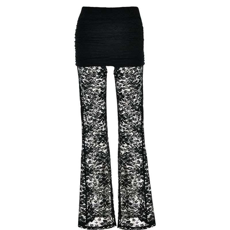 Women's Clothing New Fashion Sexy Versatile Pants Lace Splicing Slim See Through High Waist Flared Pants For Women_voghion.com