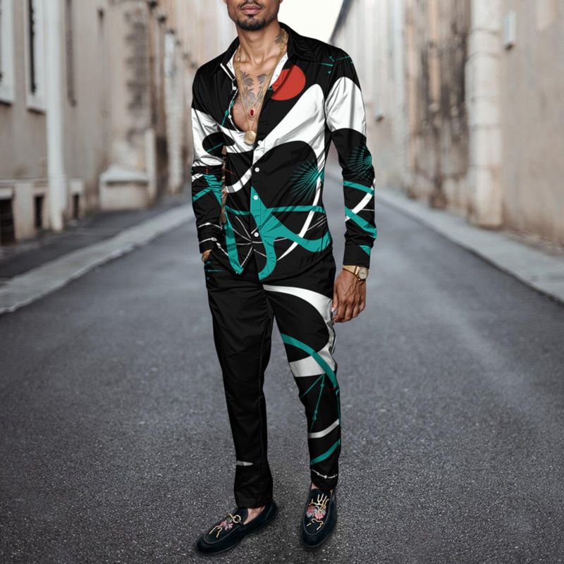 2025 Spring Summer Men Shirt Set Geometry Print Fashion Abstract Two Piece Set Mens Cat Lightweight Party Long Sleeves Suit Casu_voghion.com