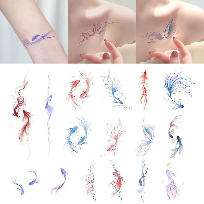 Tatouage autocollant de poignet personnalisé, motif poisson rouge, coloré, imperméable et durable, motif fleur, pour bras, doux, cool et épicé, pour fille_voghion.com