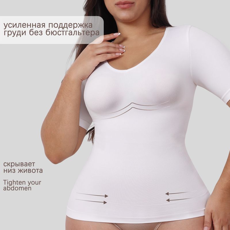 Women's Plus Size Shapewear T-Shirt V-Neck Slimming Tummy Control Seamless Top For Everyday Wear_voghion.com