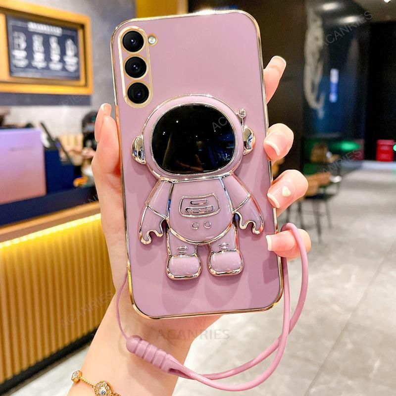 S 23 Astronaut Holder Plating Case For Samsung Galaxy S23 S21 S22 S20 Fe S10 S9 S8 Note 8 9 10 20 Plus Ultra Lanyard_voghion.com