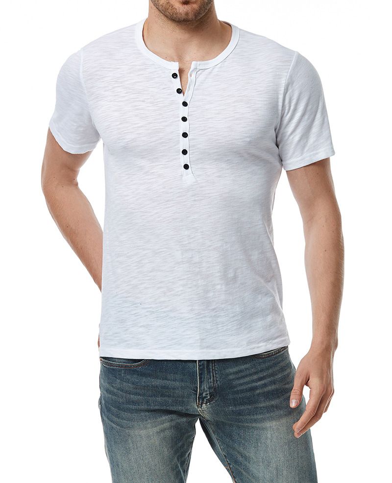 Unschlagbare Qualität Großer V-Ausschnitt Henry Casual Fashion Basic Kurzarm Leichtes T-Shirt Herren Sommer Top_voghion.com