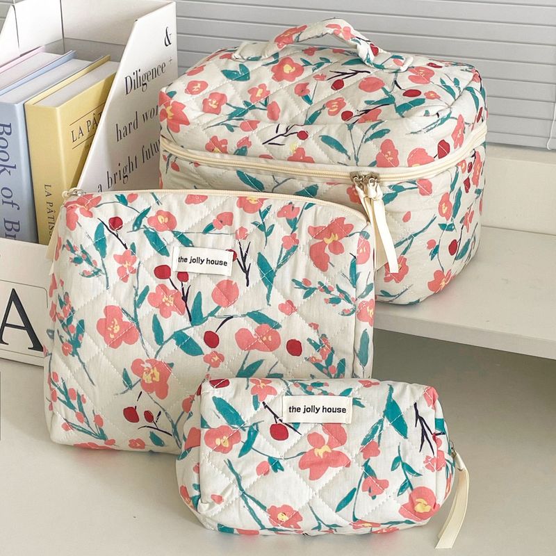 Gesteppte Make-up-Tasche mit Blumenmuster – tragbarer Kosmetik-Organizer für unterwegs mit Farbblock-Design, leicht und atmungsaktiv, Größen S–L_voghion.com
