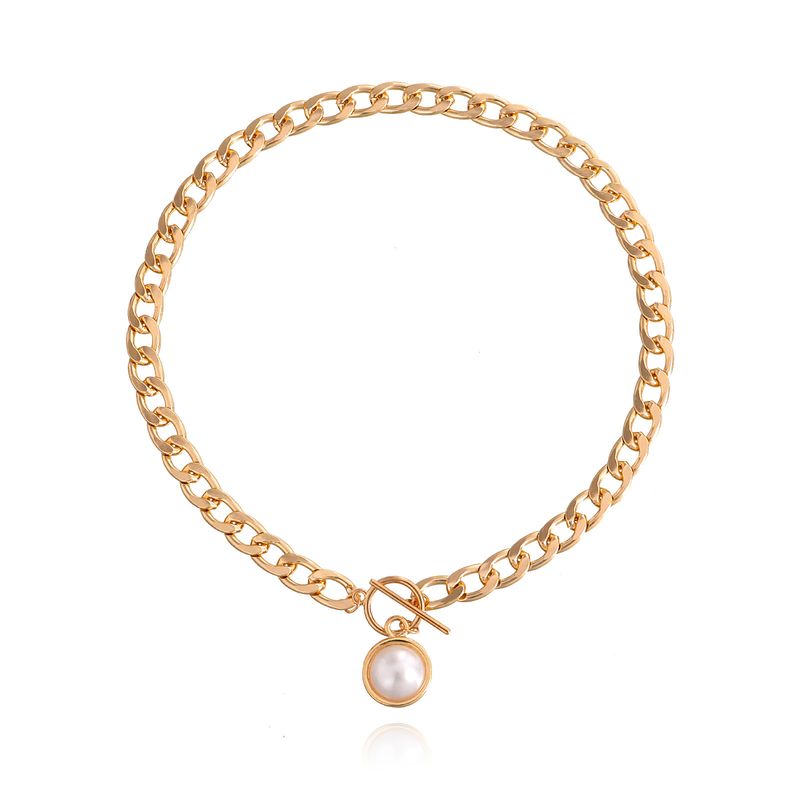 Collana con ciondolo a forma di perla, semplice, con catena cubana spessa e fibbia OT, per donna, stile punk, trendy._voghion.com