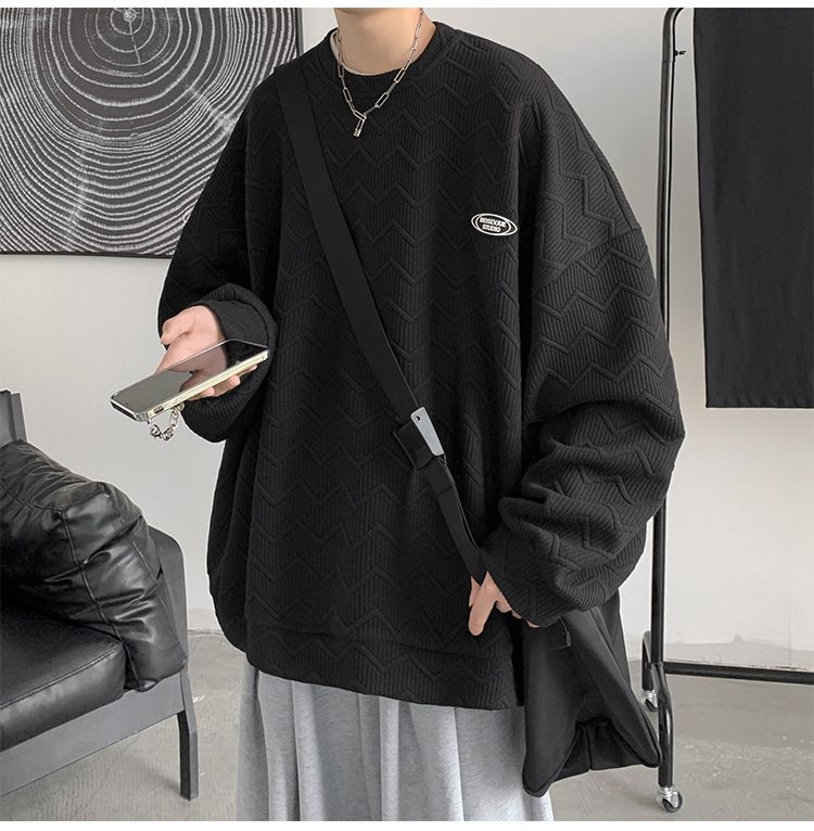 Moletom com capuz texturizado masculino gola redonda outono estilo coreano roupas do Instagram primavera e outono rua alta marca da moda solta_voghion.com