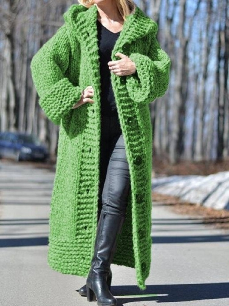 Damenbekleidung neue Kapuzenstrickjacke verdickter Strickpullover langer Pullover_voghion.com