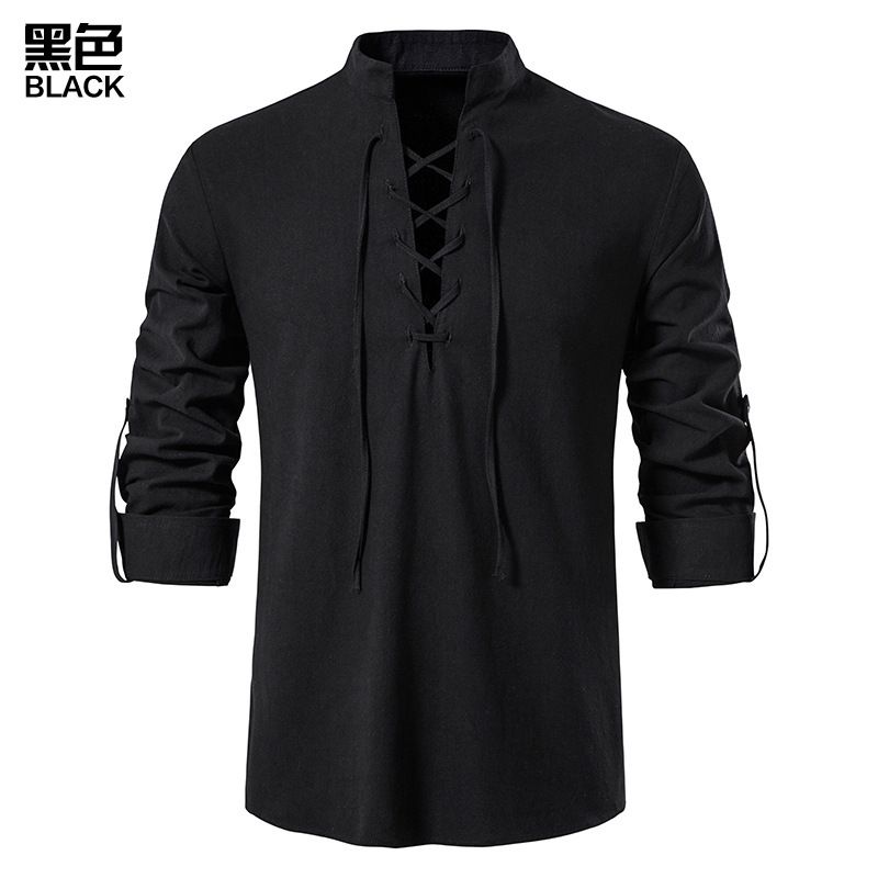 Camicia da uomo in cotone e lino Henley a maniche lunghe, stile hippie, casual, da spiaggia, con colletto rialzato, taglia europea_voghion.com