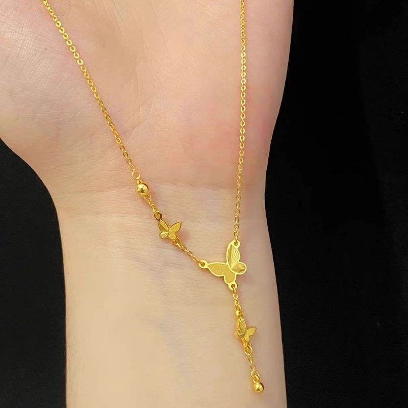 French Style Light Luxury Butterfly Tassel Titanium Steel Necklace For Women, Gentle And Versatile, High-end Gold Lock_voghion.com