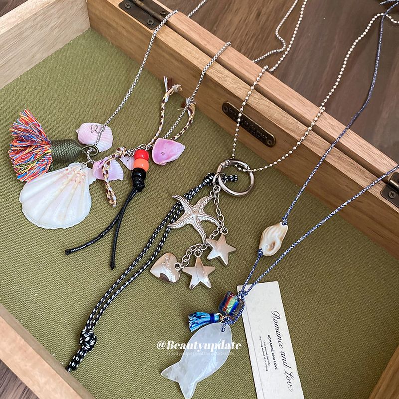 Korean Style INS Starfish Pentagram Heart Rope Pendant Necklace Y2K Hot Girl Bag Charm Sweater Chain_voghion.com