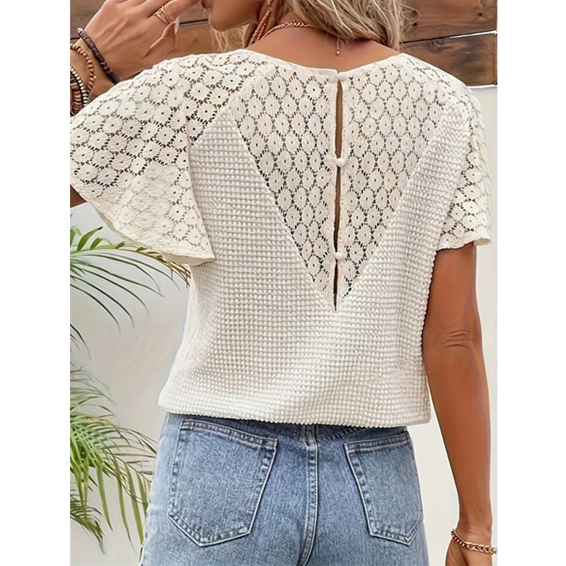 Eleganter, lockerer, lässiger Strickpullover für Damen im neuen Stil mit V-Ausschnitt und Spitze_voghion.com