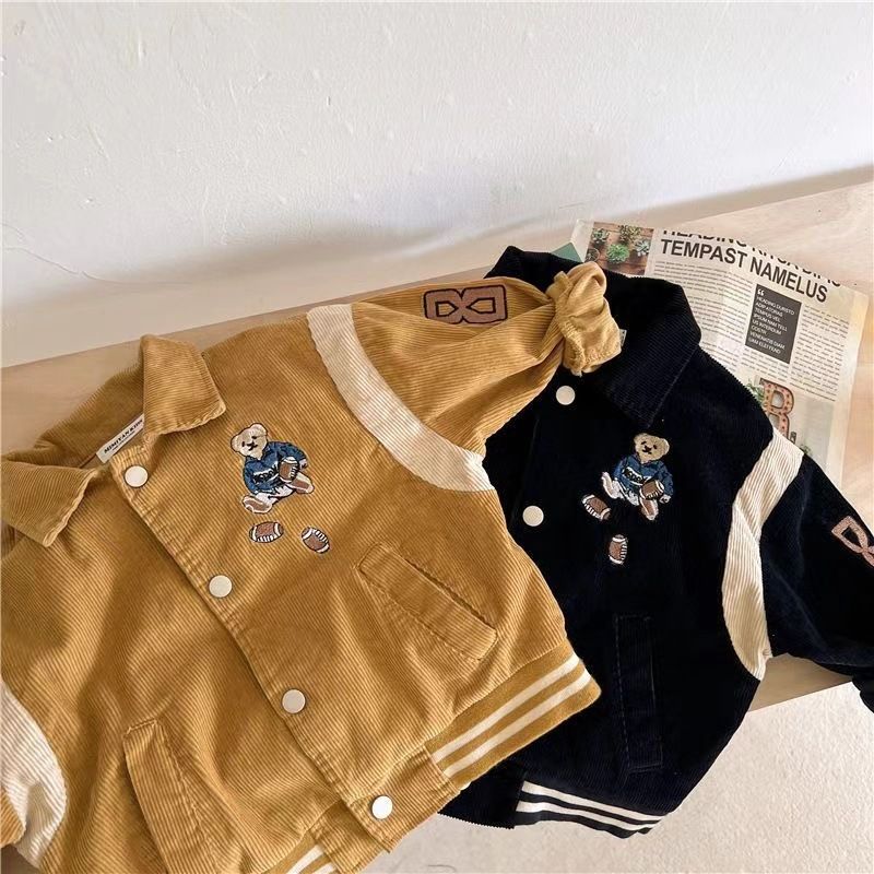 Chaqueta de béisbol para niño (primavera y otoño 2024), de pana, con cuello cuadrado, para niños pequeños y medianos, elegante chaqueta de color contrastante._voghion.com