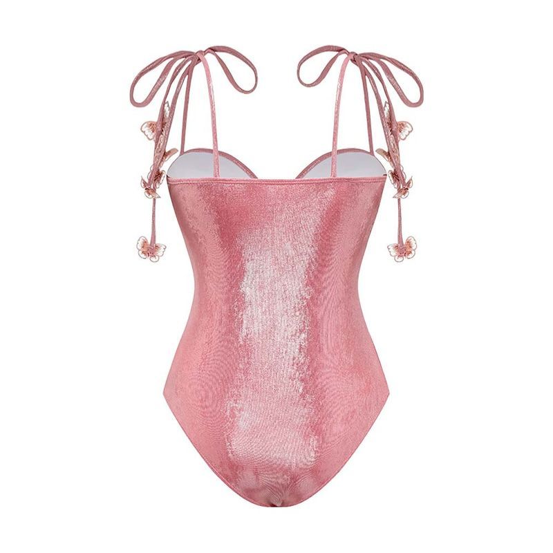 Maillot de bain une pièce rose brillant avec décoration papillon tridimensionnelle pour femme_voghion.com