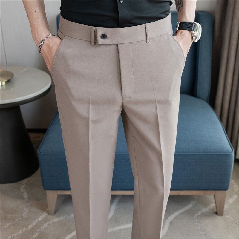 Summer new men's casual trousers, thin comfortable small straight nine-point trousers, elastic and drape on all sides, white trousers_voghion.com
