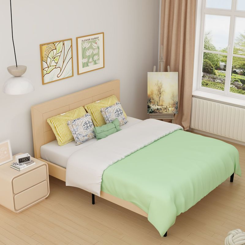 Queen Size Wood Slat Bed Frame 800 Lbs Capacity With PU Leather Headboard_voghion.com