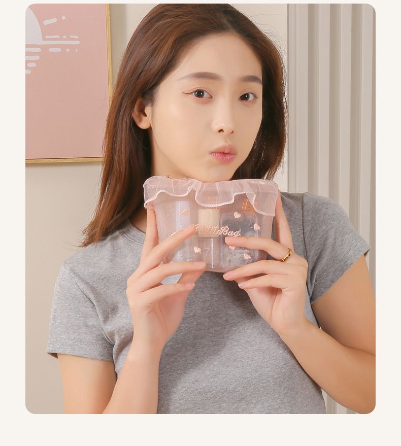 Grazioso set di organizer per cosmetici in PVC – Borsa per il trucco in pizzo rosa Ins-Style (borse da viaggio grandi e piccole, custodia a cubo trasparente)_voghion.com