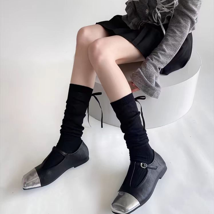 Ballet White Calf For Women Spring And Autumn Miu Style Bowknot Striped Mid-Calf Slouch Long Socks_voghion.com