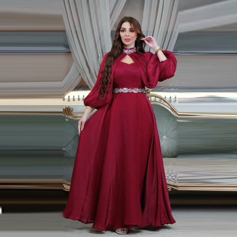 Verve MQ072 Muslim Women's Two-Piece Set With Rhinestones And Shiny Sequins Fashion Satin Abaya_voghion.com