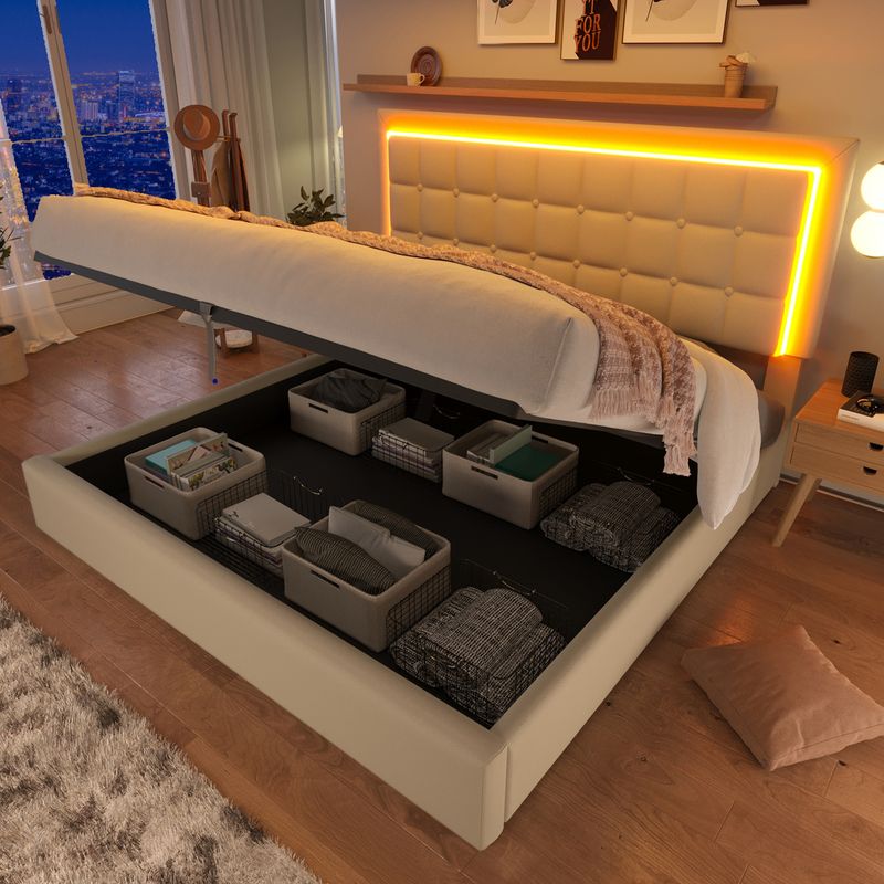 Lit double 140 x 200 cm avec sommier à lattes et rangements, avec bande lumineuse LED, cadre de lit rembourré en similicuir blanc._voghion.com