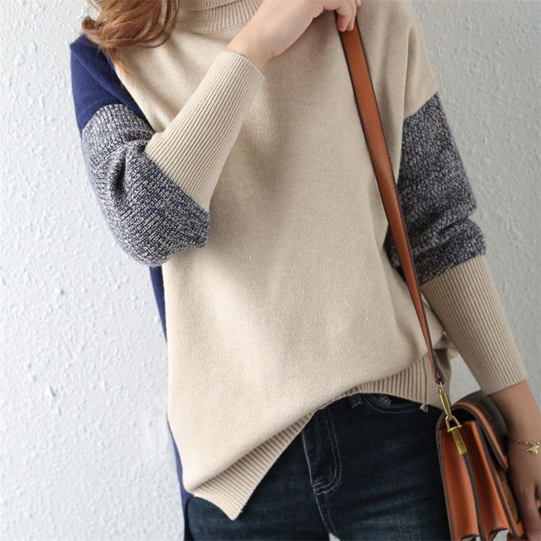 Maglione oversize a collo alto di ispirazione francese – Pullover in maglia color-block con dettagli a coste (vestibilità ampia ed elegante, comodo e indispensabile per un look a strati)_voghion.com