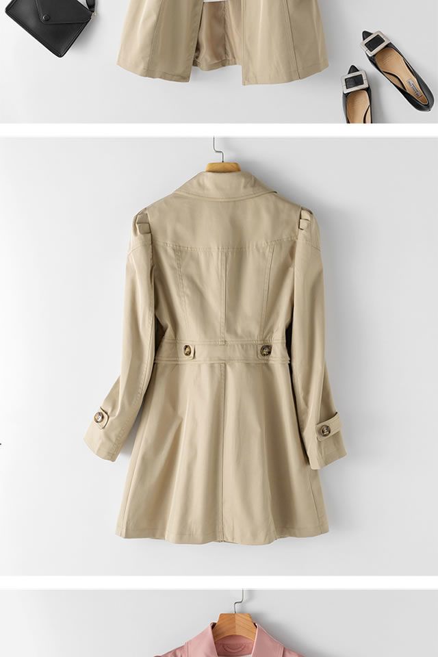 Trench slim fit da donna, giacca casual a maniche lunghe di media lunghezza con colletto a revers (cachi, rosa, nero, beige)_voghion.com