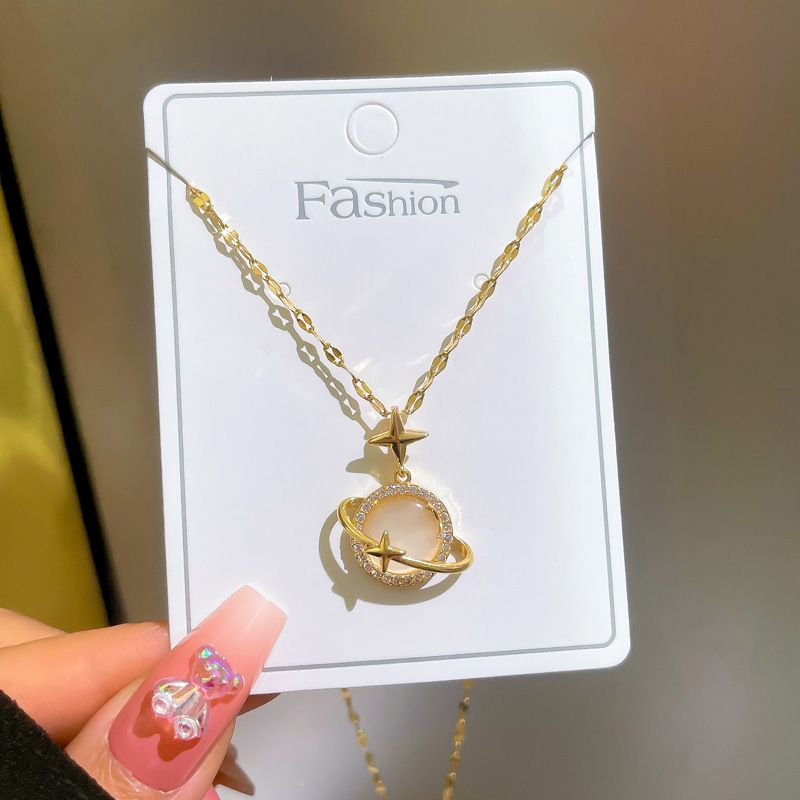 Collar con colgante de estrella y planeta de ópalo de Color dorado de acero inoxidable para mujer y niña, elegante regalo de fiesta, joyería_voghion.com