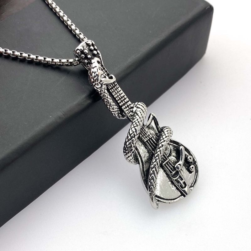 2025 Titanium Steel Precision Casting European And American Punk Hip-hop Style Men, Stainless Steel Snake Wrap Guitar Old Pendant Necklace_voghion.com