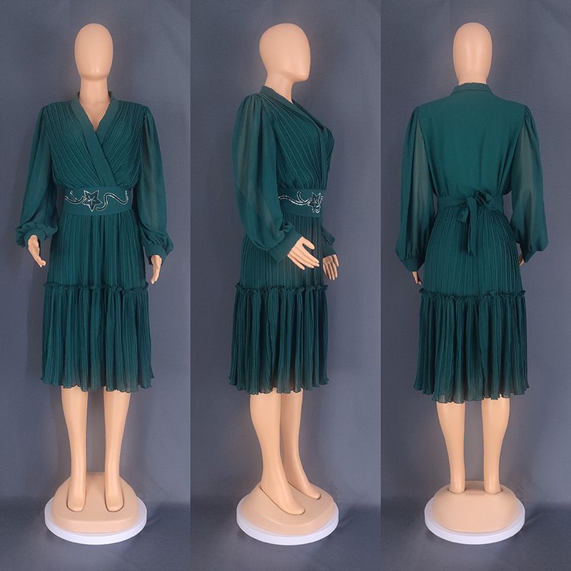 Langärmliger Faltenrock für Damen, unabhängige Station, hohe Taille, Außenhandel, lockeres Kleid in großer Größe (freier Gürtel) 8835_voghion.com