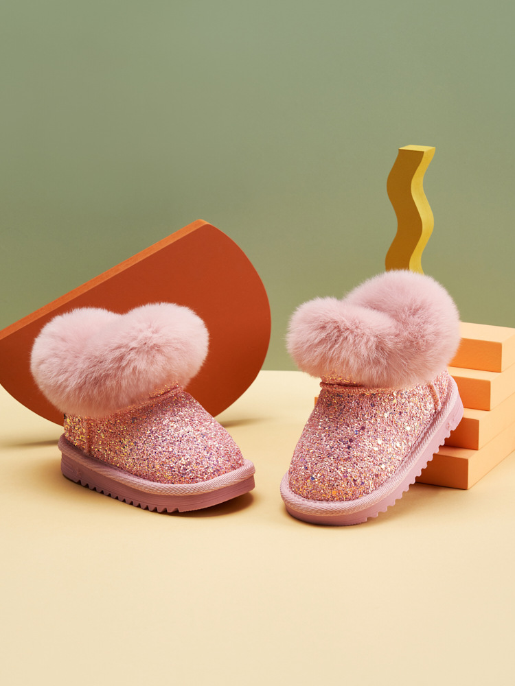 Mädchen-Schneestiefel, Leder und Fell integriert, wasserdichte Kinder-Plüsch-Winterschuhe, Kinder-Baumwollstiefel, klein_voghion.com