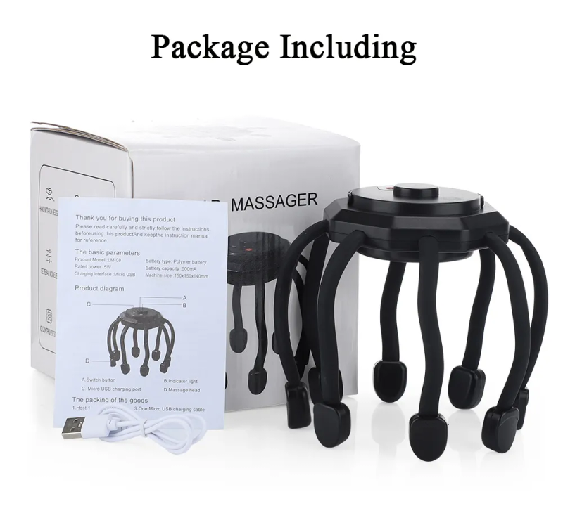 Masajeador de cabeza, masajeador de cabeza de garra de pulpo eléctrico, masajeador de cuero cabelludo, 3 modos, masaje de vibración, rascador de cabeza terapéutico, cabeza de alivio_voghion.com