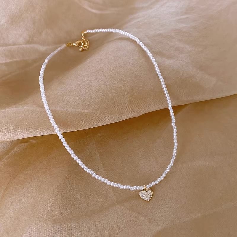 Mikro-ageleet Zirkon Léift Glas Perl Halskette Fraen Koreanesch Stil Moud Elegant Cyber Promi Häerzfërmeg Highlight Perl Schléissebein Kette_voghion.com