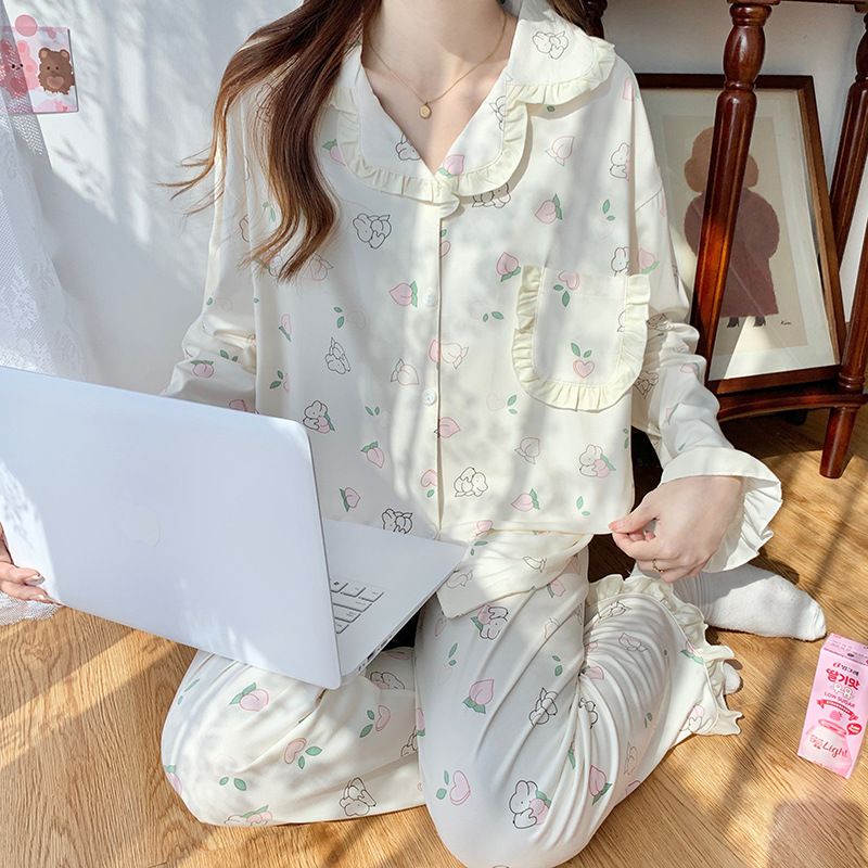 2023 neue Frühjahr Baumwolle kleine Flip Krawatte Spitze Strickjacke langärmeligen Set Pyjamas Frauen Hauskleidung kann getragen werden_voghion.com