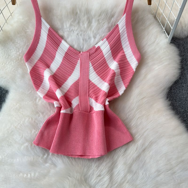 Women's Clothing Contrast Color Striped Ice Silk Knitted Suit 2024 Summer V-neck Sling Hip Skirt Two-piece Suit_voghion.com