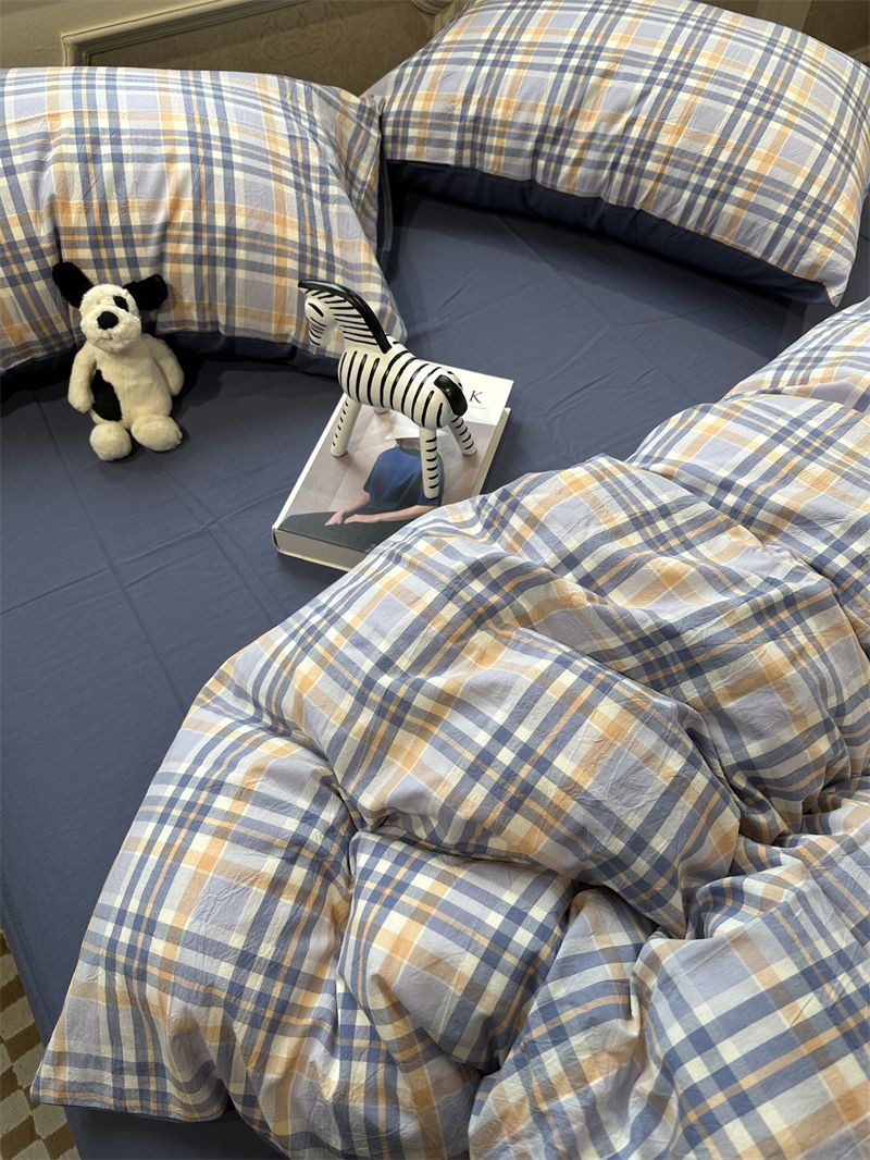 Minimalist Japanese Style Gray Plaid Bedding 100% Cotton 1.5m 1.8m Student Dormitory Duvet Cover Set 1.2m_voghion.com