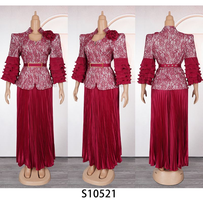 Robe longue élégante en dentelle à volants, ensemble 2 pièces, imprimé floral, robe de soirée avec taille péplum et manches courtes, robe d'invitée de mariage/tenue de bureau (rouge/bleu/nude)_voghion.com