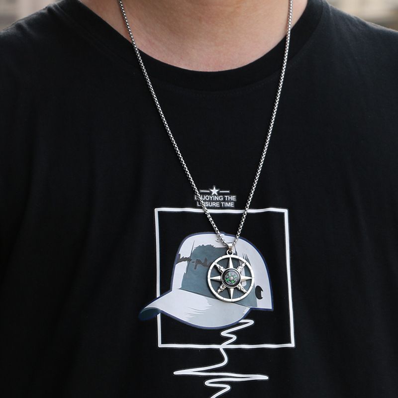 Compass Pendant Titanium Steel Necklace Men Ins Cool Style Hip-hop Personality Long Hoodie Chain Simple Temperament_voghion.com