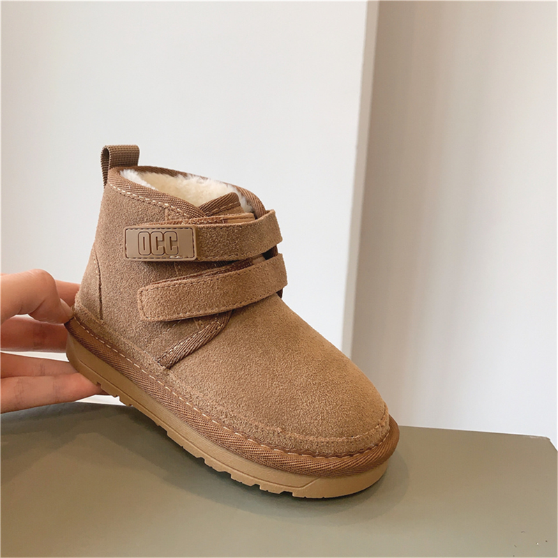 Frosted genuine leather children's snow boots, Velcro style girls' cotton boots, thickened and plush, 2023 winter boys'_voghion.com