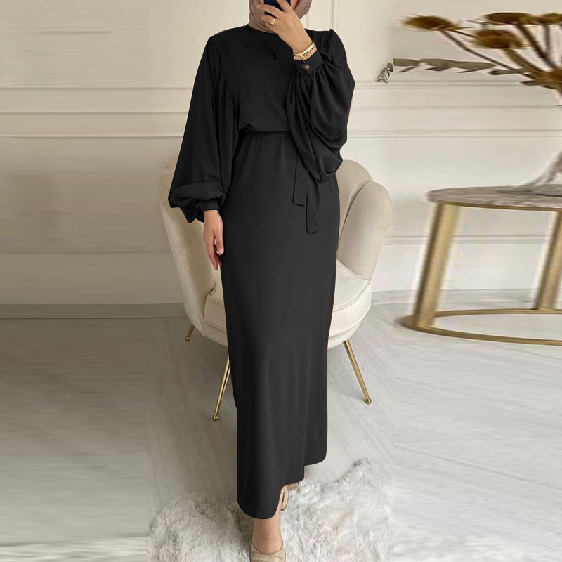 Lässiges Damenkleid in reiner Farbe mit langen Ärmeln_voghion.com