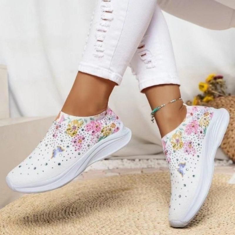 Sneakers slip-on da donna CMY con decorazioni in strass e stampa floreale e a farfalla - Scarpe da corsa traspiranti in maglia_voghion.com