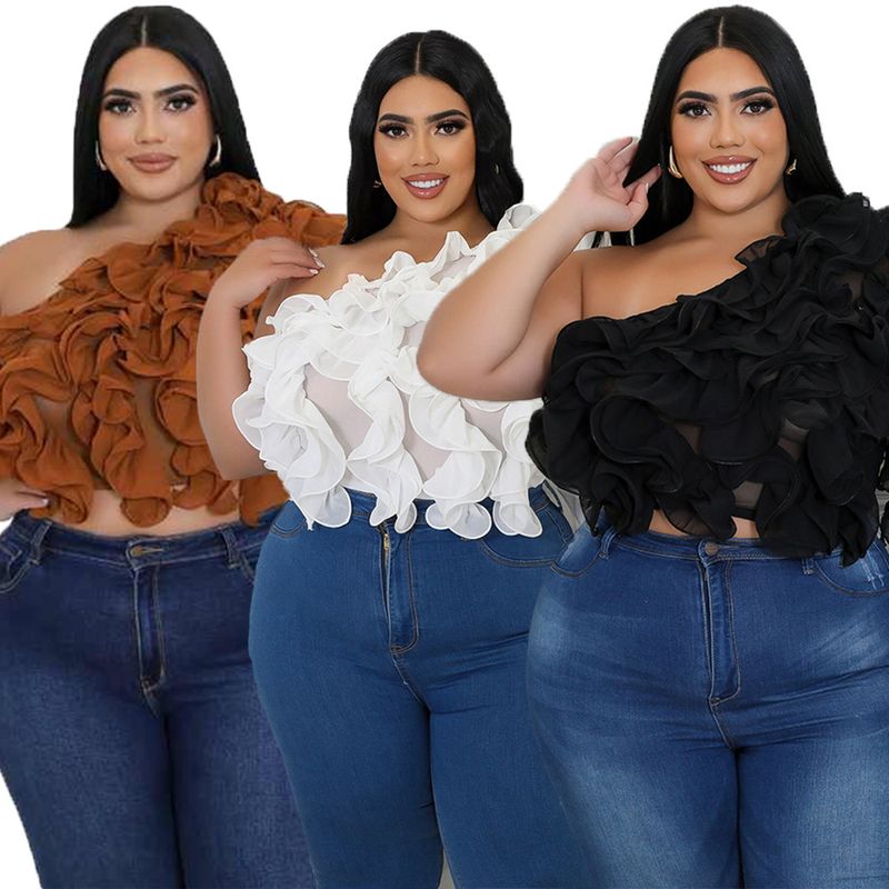 Maglietta a rete arricciata con spalle oblique da donna_voghion.com