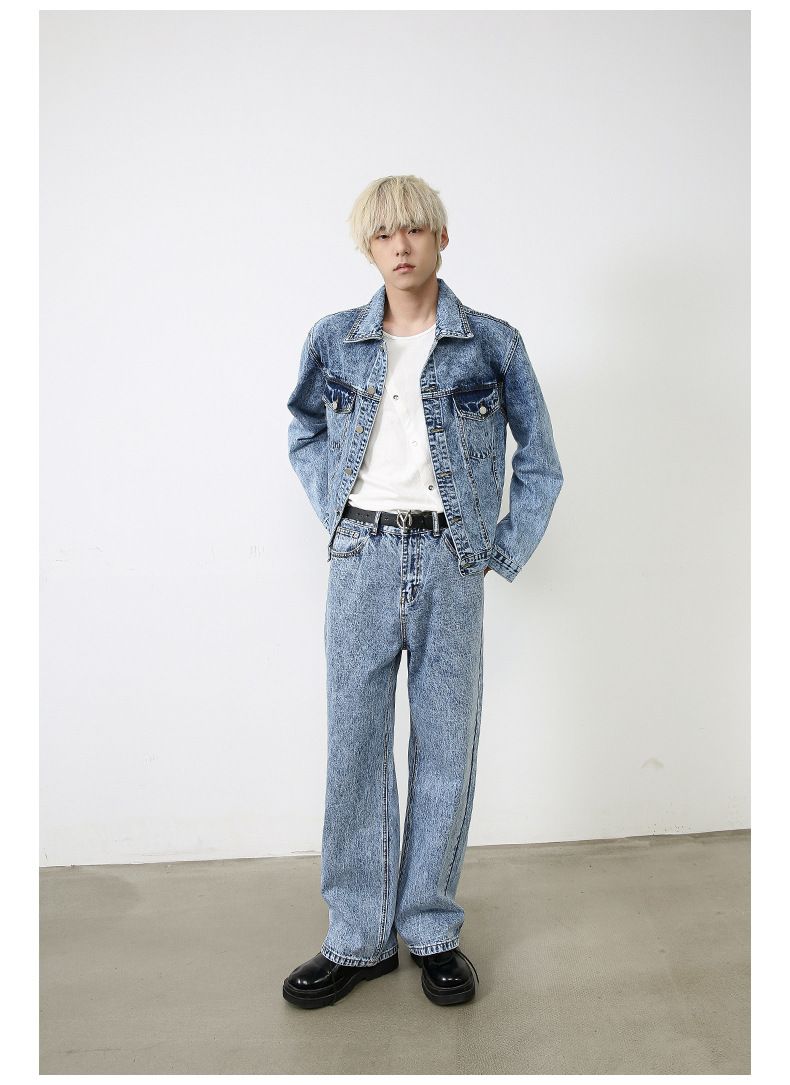 Herrenbekleidung Retro Kurze Jeansjacke Herren Loose Straight Washed Blue Jeans Anzug_voghion.com